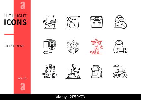 Diet and fitness - line design style icons set. Healthy lifestyle, eating and workout ideas. Weight scales, no sugar, pulse, fat burning, exercises, w Stock Vector