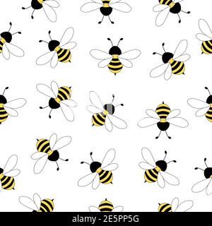 Seamless pattern with flying bees. Vector cartoon black and yellow bees isolated on white background. Stock Vector