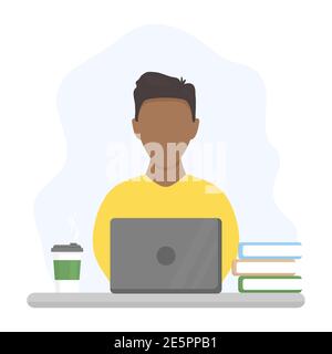African freelancer working on laptop. Coworking business space. Cute black skin boy study at home. Work at home vector illustration isolated on white. Stock Vector