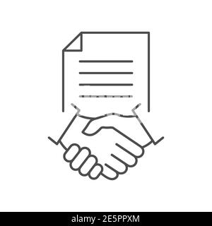 Contract line icon. Business handshake teamwork linear concept. Agreement signing symbol. Vector isolated on white. Stock Vector