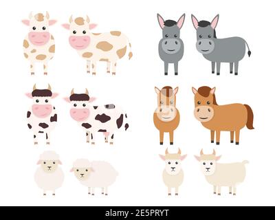 Farm animals set. Bull, cow, donkey, horse, sheep and goat flat character. Vector illustration isolated on white. Stock Vector