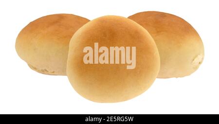 Side view of three fresh homemade yeast rolls isolated on a white background. Stock Photo