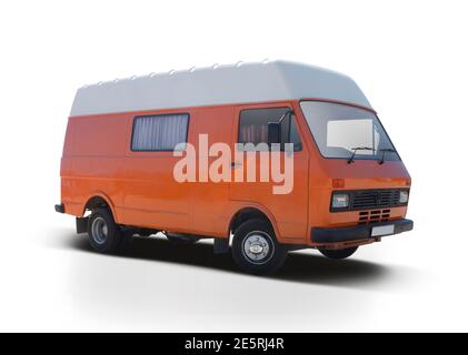 Classic orange van side view isolated on white background Stock Photo