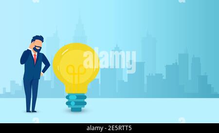 Vector of a thinking businessman with light bulb standing on a cityscape background Stock Vector