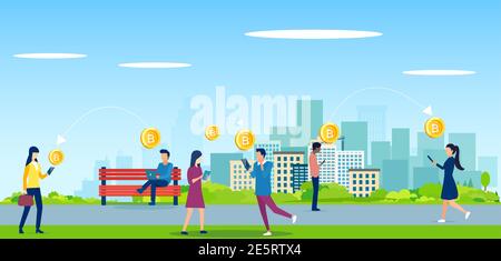 Vector of people using mobile app gadgets, smartphones to transfer crypto currency Stock Vector