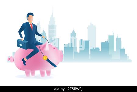 Vector of a businessman riding pink piggy bank on a cityscape background Stock Vector
