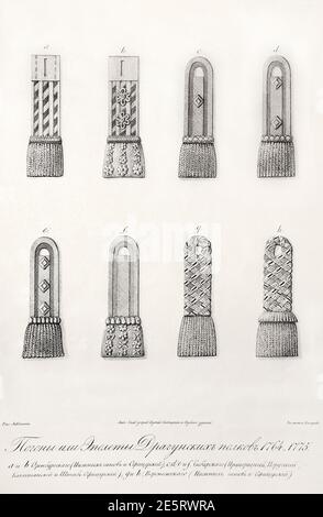 Shoulder straps of the Dragoon regiments of the Russian Empire in 1764-1775. Stock Photo