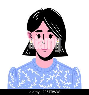 Portrait of a young girl with medium long dark hair. Avatar illustration of a smiling girl in a blue sweater. Hand-drawn face isolated on white background. Stock Vector