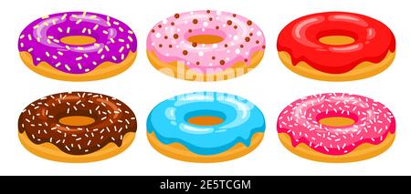 Donuts side view vector set. Red, chocolate, pink, blue, purple donuts are decorated with sweet sprinkles. Cartoon sweets. Bright donuts illustration isolated on white. Stock Vector