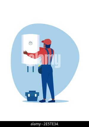 Vector of a professional plumber man  installing a water heater, a boiler Stock Vector