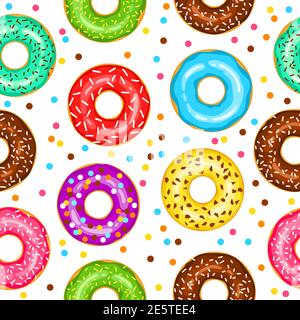 Donuts seamless pattern for fabric, wrapping paper, wallpaper, background for the site. A pattern of bright, multicolored donuts in glaze on a white background. Stock Vector