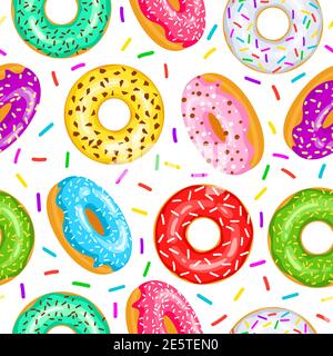 Donuts seamless pattern for fabric, wrapping paper, wallpaper, background for the site. A pattern of bright, multi colored donuts in glaze on a white background. Stock Vector