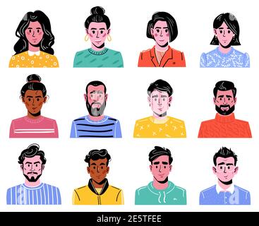 Big Set of various Heads of boys and girls. Men and women, colorful characters. Various clothes and haircuts. People avatars cartoon style, flat design, print template. Hand drawn set of Vector Icons Stock Vector