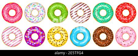 Donuts vector big set. Green, white, red, chocolate, pink, yellow, green, blue, purple, mint donuts are decorated with sweet sprinkles. Cartoon sweets. Bright donuts illustration isolated on white. Stock Vector