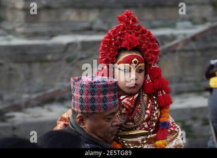 Kathmandu, Bagmati, Nepal. 28th Jan, 2021. Nepalese Living Goddess Kumari is carried to observe the Changu Narayan festival on full moon day at Hanumandhoka Durbar Square in Kathmandu, Nepal. Credit: Sunil Sharma/ZUMA Wire/Alamy Live News Stock Photo