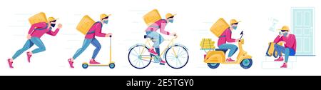 Set of delivery methods for goods, food. Various courier equipment. Fast delivery on foot, scooter, bicycle, motorcycle. Courier wearing a protective mask is waiting for customers. Vector illustration Stock Vector