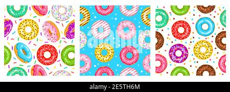 Donuts seamless pattern set for fabric, wrapping paper, wallpaper, background for the site. A pattern of bright, multicolored donuts in glaze on a white blue background. Stock Vector