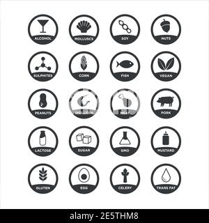 Allergen food icons set. Black and white. Vector illustration for restaurant menus and food products. Stock Vector