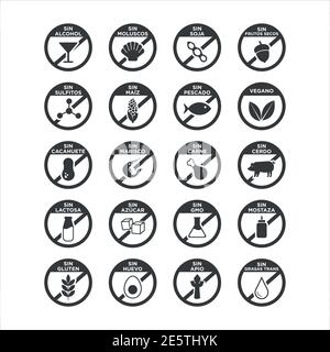 Allergen free icons set written in Spanish. Black and white. Vector illustration for restaurant menus and food products. Stock Vector