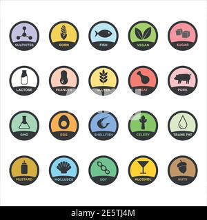 Allergen free icons set. Round and color. Vector illustration for restaurant menus and food products. Stock Vector