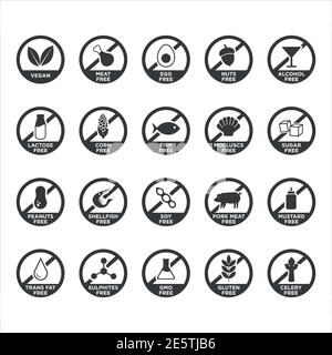 Allergen free icons set. Black and white. Vector illustration for restaurant menus and food products. Stock Vector