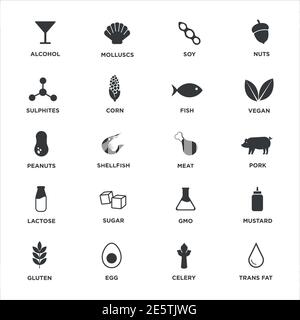 Allergen food icons set. Black and white. Vector illustration for restaurant menus and food products. Stock Vector