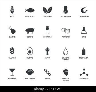 Allergen food icons set written in Spanish. Black and white. Vector illustration for restaurant menus and food products. Stock Vector