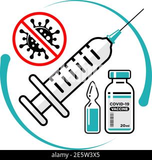 COVID-19 global vaccination concept. Medical syringe with needle, Vial and bottle with the drug, Stop coronavirus warning sign. Vector on transparent Stock Vector