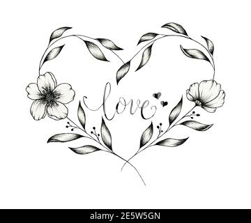 Vintage floral heart monochrome design isolated on white, ink hand drawn heart with flowers and leaves, love heart for Valentine's day, mother's day Stock Photo