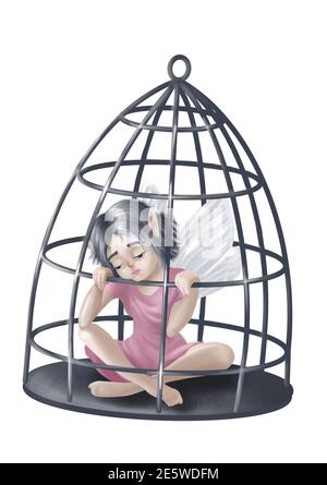Cartoon character cute unhappy girl elf sitting in an iron cage. Lockdown isolation. Print postcard. Stock Photo