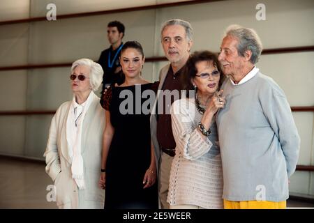 (L-R) Cast members Chus Lampreave, Aida Folch, director Fernando Trueba, Claudia Cardinale and Jean Rochefort attend a photocall to promote 'El Artista y La Modelo' (The artist and the model) at the Kursaal Centre on the fourth day of the San Sebastian Film Festival September 24, 2012. The film is part of the festival's Official Selection. REUTERS/Vincent West (SPAIN - Tags: ENTERTAINMENT)