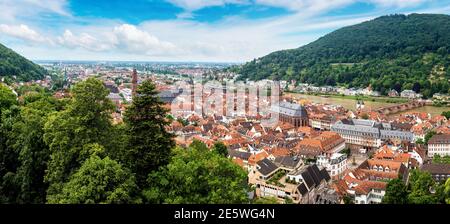 Panoramic aerial view of Heidelberg and ruins of Heidelberg Castle (Heidelberger Schloss) in a beautiful summer day, Germany Stock Photo