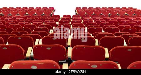 Rear view of theater red seats, isolated on white Stock Photo