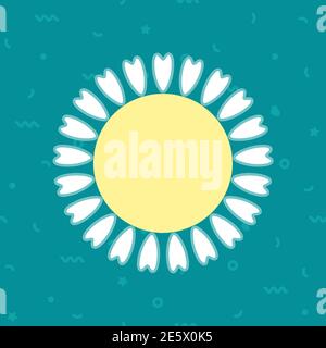 Cute Flower round frame for text on blue memphis background. Colorful Vector Illustration for Birthday cards or labels. Stock Vector