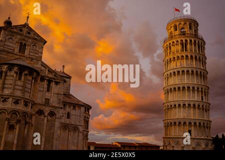 with Leaning Tower and Duomo di Pisa in Pisa, Italy. Stock Photo