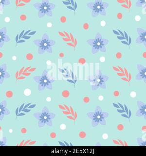 Seamless pattern on a mint background, in vector graphics - blue flowers and leaves. For decorating textiles, covers, prints for wrapping paper Stock Vector