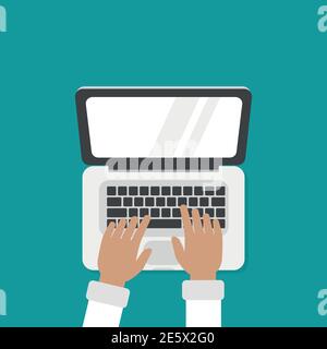 laptop and hands on the keyboard. human hands using computer isolated on blue background. notebook top view. freelancer sitting on working table and t Stock Vector