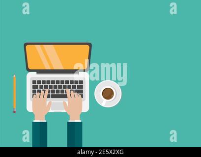 workplace with coffee, smartphone and laptop with hands on the keyboard. human hands using computer isolated on turquoise background.notebook top view Stock Vector