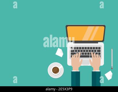workplace with coffee, smartphone and laptop with hands on the keyboard. human hands using computer isolated on turquoise background.notebook top view Stock Vector