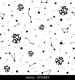 Seamless pattern with black constellations, planets and stars on white background. Vector illustration. Night sky, universe, space. Galaxy background. Stock Vector