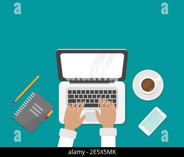 workplace with coffee, smartphone and laptop with hands on the keyboard. human hands using computer isolated on blue background. notebook top view. fr Stock Vector