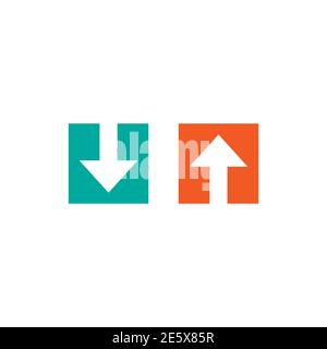 arrow up and arrow down in square box. flat icons set isolated on white. point down button. south sign. Upload icon. Upgrade. download, share Stock Vector