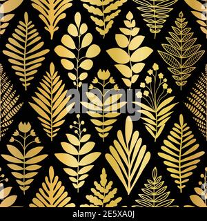 Luxury golden art deco floral pattern. Nature background vector with gold foil faux metallic texture plants, leaves and flowers line art on black Stock Vector