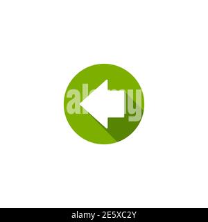 White left squared arrow with shadow in green circle. flat icon. Isolated on white. Continue icon. Back sign. West arrow. Stock Vector