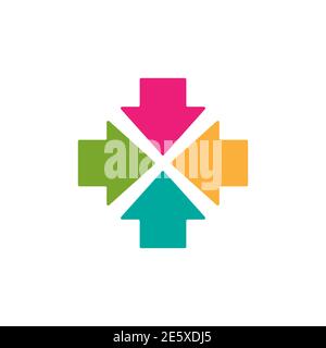 four colorful squared arrows point to the center. Triple Collide Arrows icon. Merge Directions icon. Vector cursor illustration. Isolated on white. ba Stock Vector