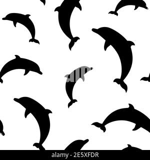 Seamless pattern with black dolphins on white background. Marine simple texture. Vector illustration. Ocean ornament. Stock Vector