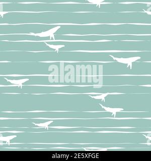 Seamless pattern with white lines and whales on powder blue background. Marine simple texture. Vector illustration. Ocean ornament. Stock Vector