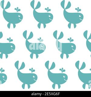 Seamless pattern with cartoon funny white blue whales on white background. Marine background. Vector illustration. Flat design. Stock Vector