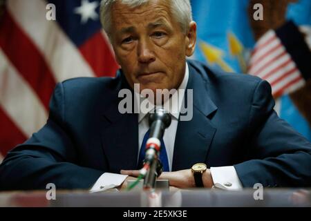 U.S. Secretary of Defense Chuck Hagel meets with the media following his meeting with Afghanistan's President Hamid Karzai in Kabul, March 10, 2013. It is Hagel's first official trip since being sworn-in as Obama's Defense Secretary.       REUTERS/Jason Reed   (AFGHANISTAN - Tags: MILITARY POLITICS)