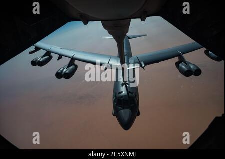 Persian Gulf, Saudi Arabia. 27th Jan, 2021. A U.S. Air Force B-52 Stratofortress strategic bomber from the 2nd Bomb Wing prepares to refuel from a KC-135 Stratotanker during a short-duration deployment to the middle east January 27, 202 over the Persian Gulf. Credit: Planetpix/Alamy Live News Stock Photo